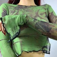 graphic print mesh crop top women sexy see through y2k long sleeve tops skinny tees streetwear flare sleeve side slit t shirts