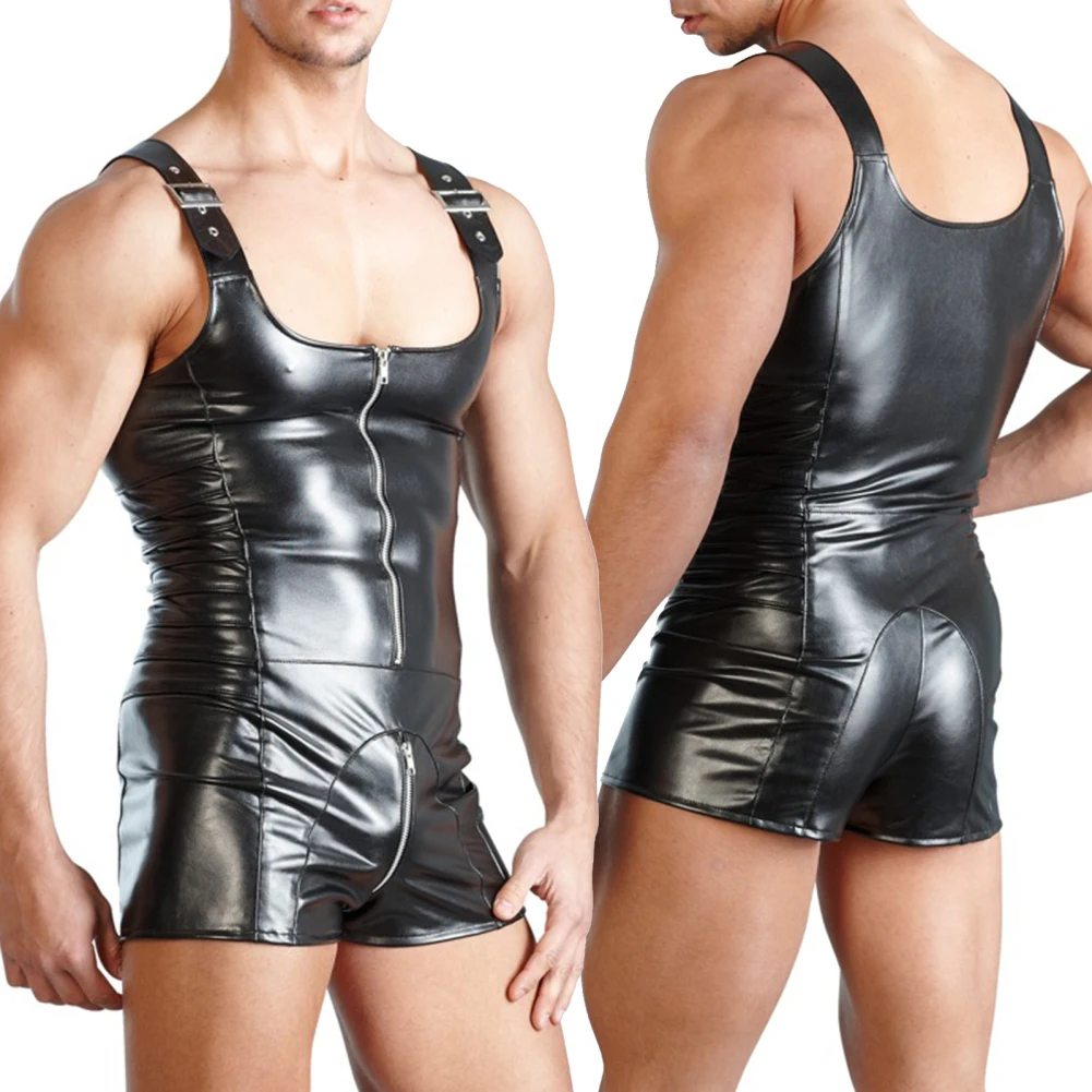Sexy Men Underwear Sleeveless Open Crotch Faux Leather Zipper Bodysuit Shorts Jumpsuit Shapers