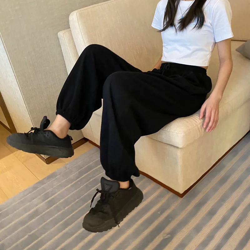 Женские леггинсы с завышенной талией серые спортивные брюки широкими штанинами