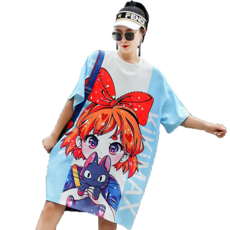 Женское платье с круглым вырезом QING MO синее до колена коротким рукавом и принтом