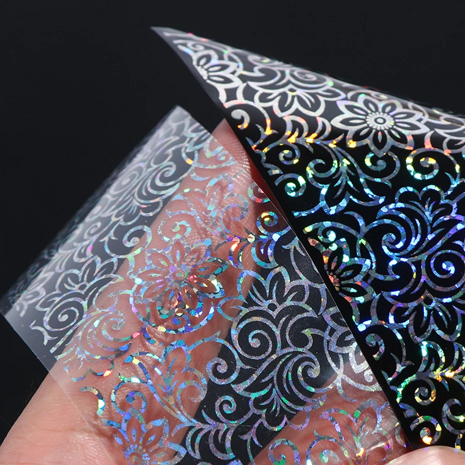 10pc Holographic Foils Nail Transfer Wraps Lace Flower Snowflake Clear Black Adhesive Sticker Set Nail Foil Gradient Tips CH1040
