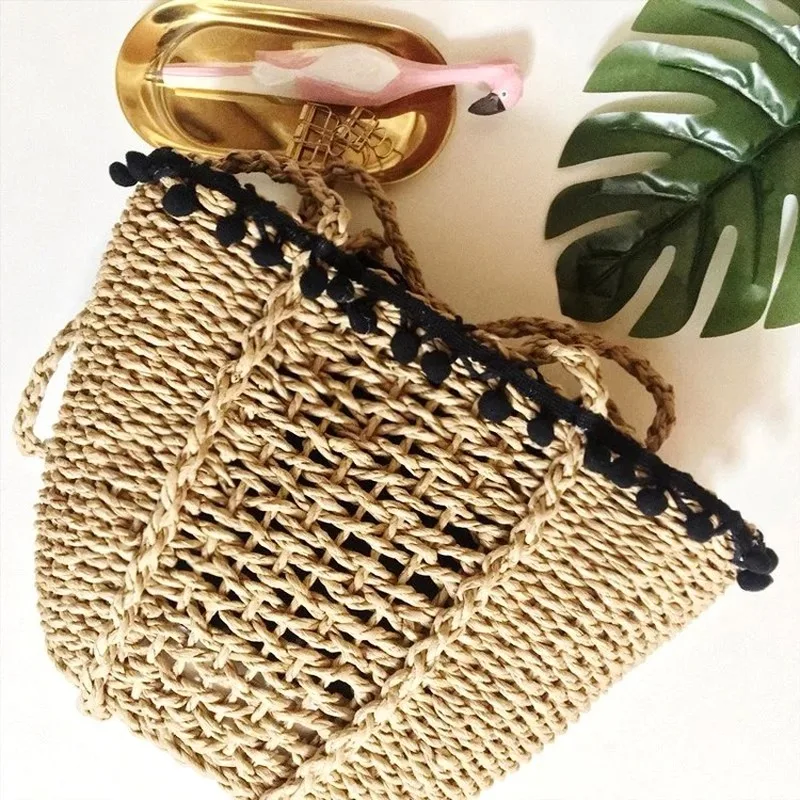 Кружевная соломенная сумка с помпоном для волос Пляжная простая сумочка на одно