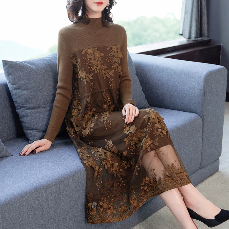 

JCHB 2021 High Quality Knitted Dress Woman Lace Midi Dress Female Korean Casual Dresses for Women Long Sleeve Spring Autumn Pph