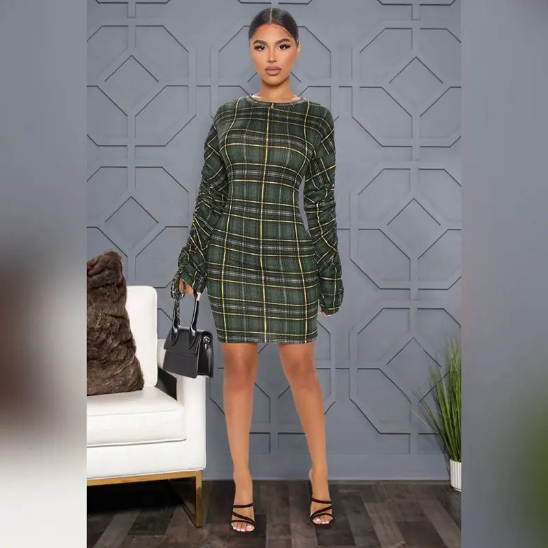 

Fall Shirring Sleeve Plaid Nightclub Sexy Dress Birthday Dresses for Women Gothic Clothes Club Outfit Streetwear Wholesale Items