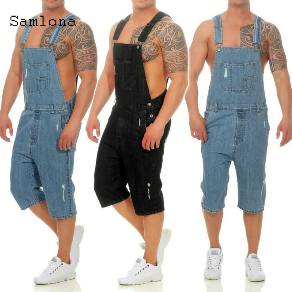 Samlona Men's Fashion Jeans Calf-Length Denim Pants Men Suspender Rompers Jean 2021 Summer Latest Frayed Jeans Sexy Men Clothing