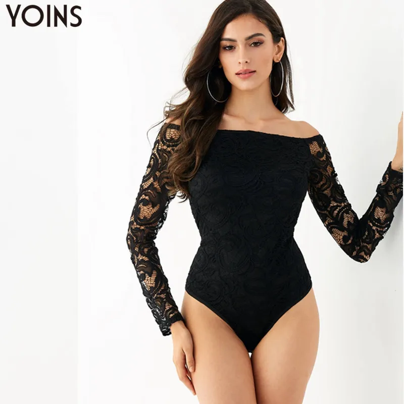 YOINS кружевное сексуальное боди женские комбинезоны весна осень длинный рукав с открытыми плечами Облегающий комбинезон черный комбинезон боди Топы