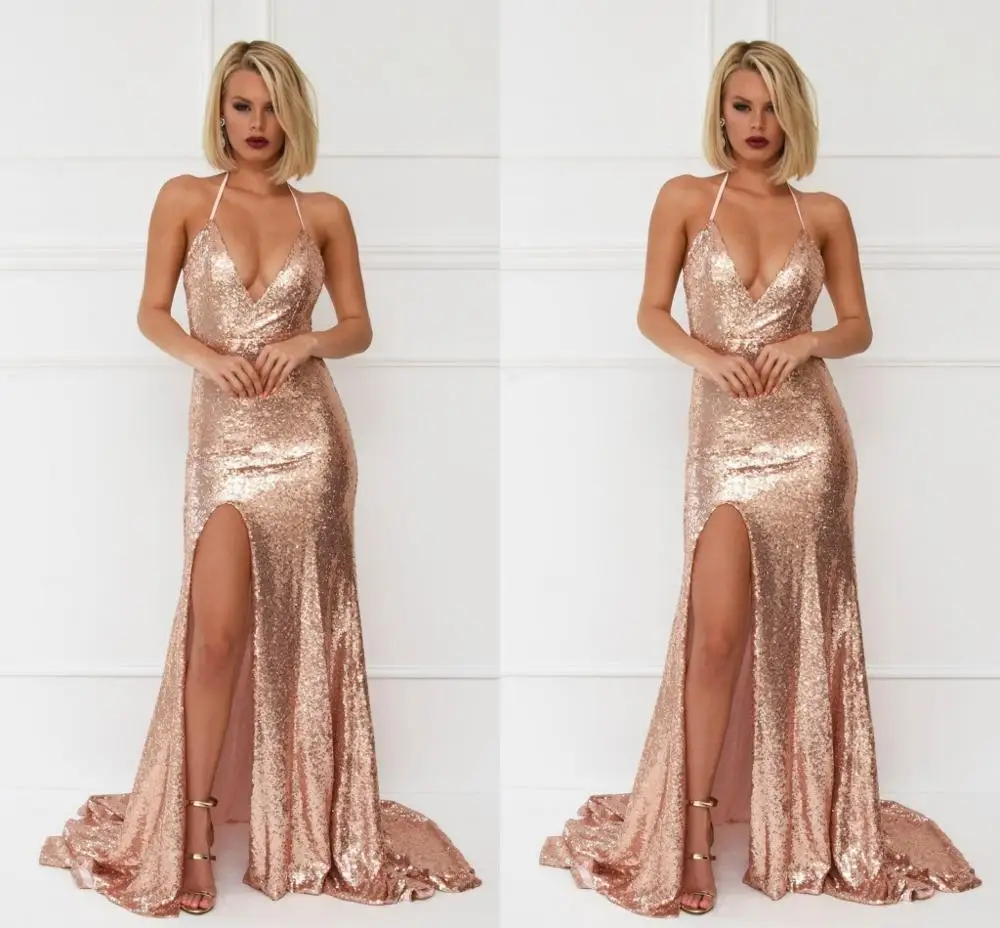 

Женское золотистое длинное вечернее платье, элегантное блестящее вечернее платье с лямкой на шее, открытой спиной и блестками, платье для в...