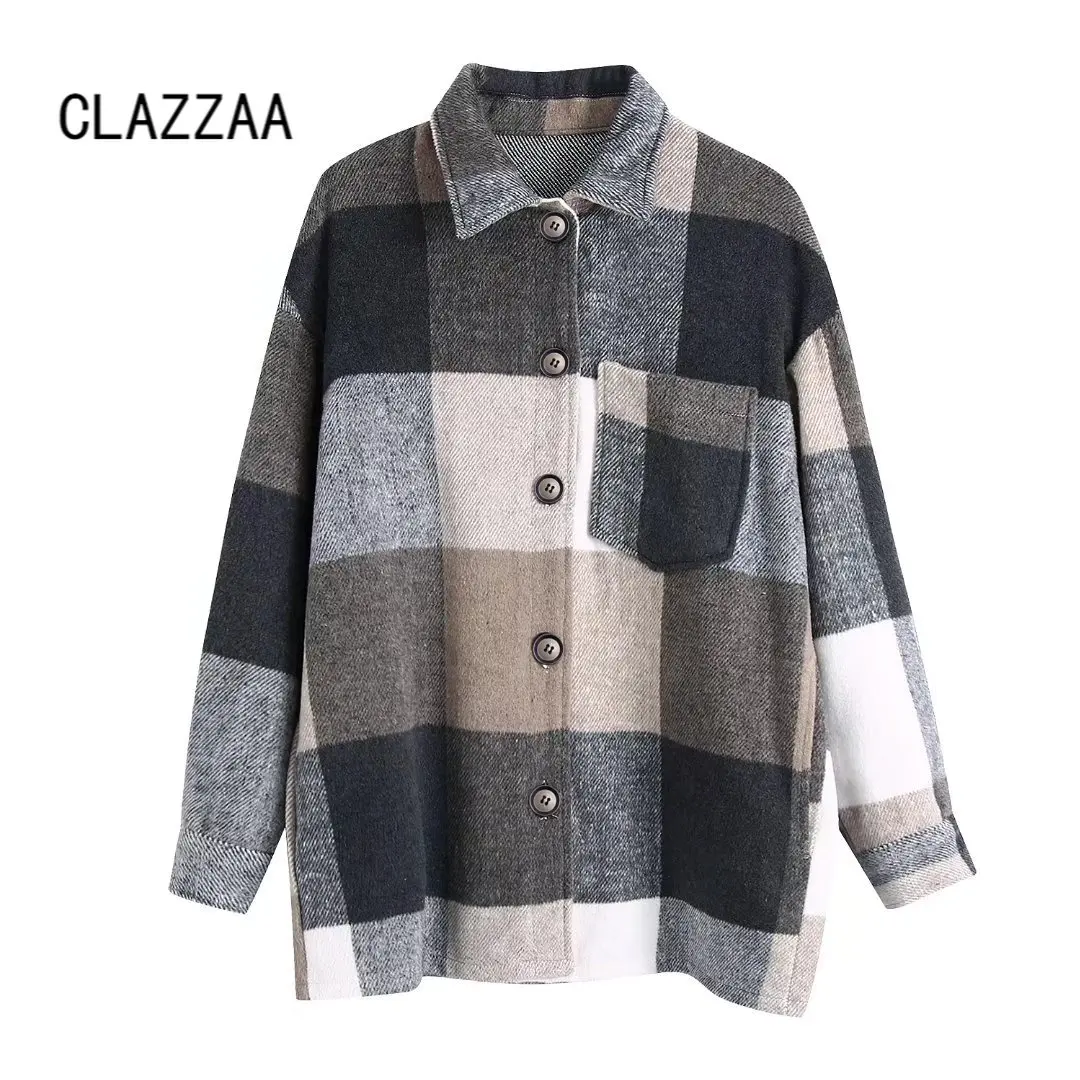 

Clazzaa Women Fashion Checkered Jacket with Fringed Detail Long Sleeves Lapel Collar Vintage Warm Coat Outfit Winter Female