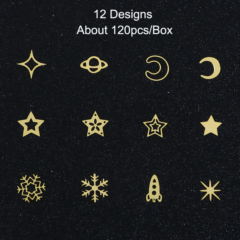 120 шт./кор. 3D сплава хлопья гвоздь искусство украшения с аппликацией в виде Золотой Звезды Луна Снежинка