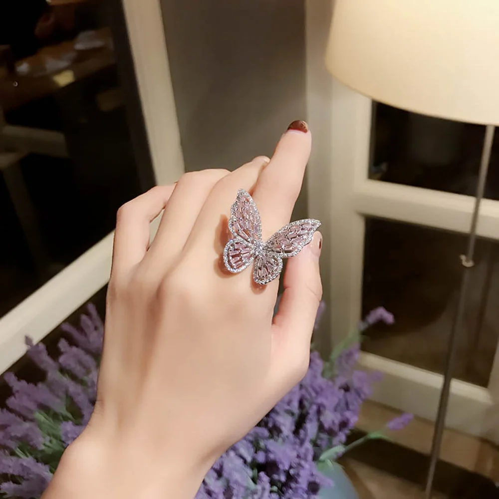 Роскошные кольца с кристаллами для женщин открытые Регулируемые розового цвета