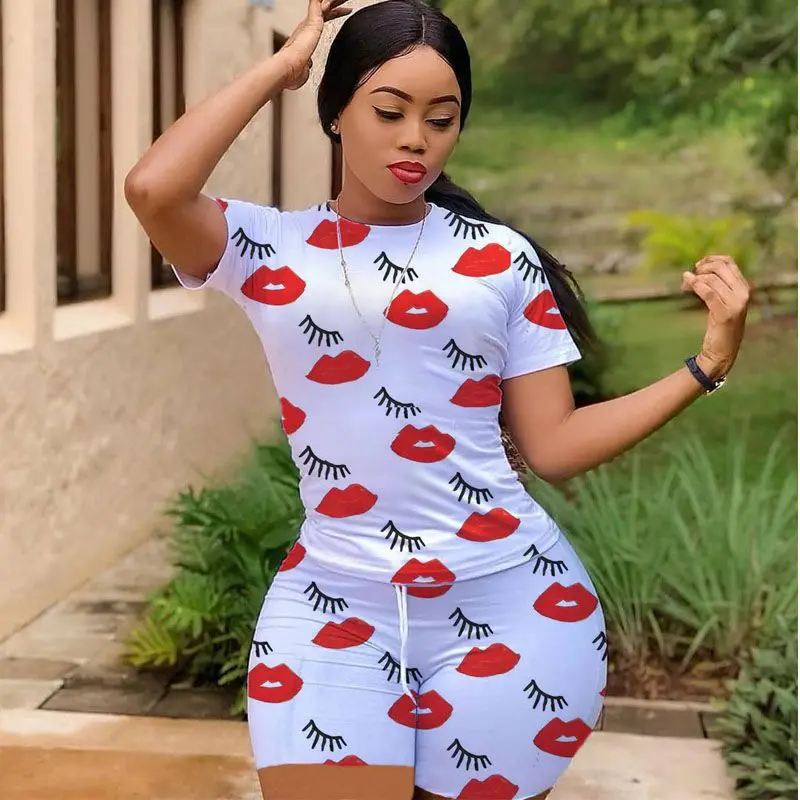 

ZKYZWX Plus Size Women Sport Lips Print Two Piece Set Tracksuit O-neck T-shirt Fashion Biker Shorts Jogger Suit Fitness Outfit
