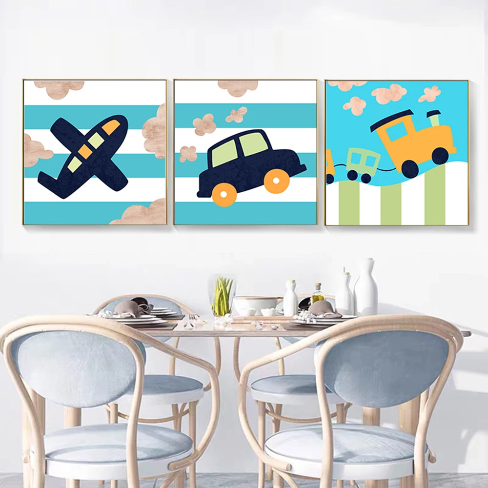 

Nordic Fresh Cartoon Blue Airplane Car Train Canvas Painting Art Print Poster Wall Picture For Kids' Room Boys Bedroom Decor