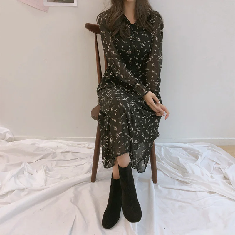 Женское однобортное платье с цветочным принтом длинное Повседневное высокой