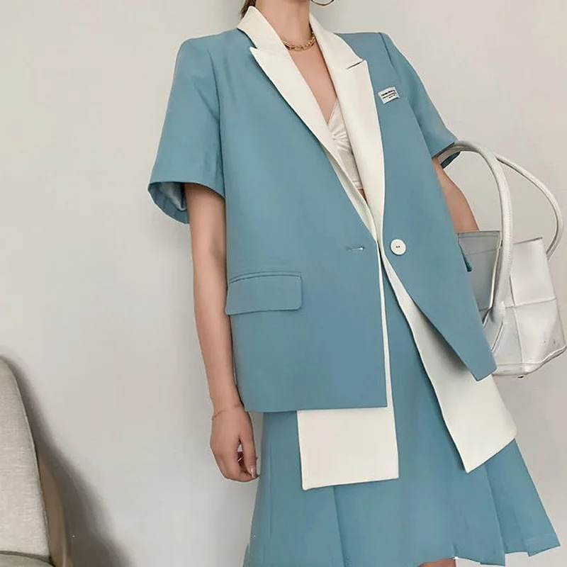 

Women Two-Piece Sets Summer Korean New Style Office Ladies Loose Short Sleve Blazer and High Waist Slim Solid Color Skirt Suit