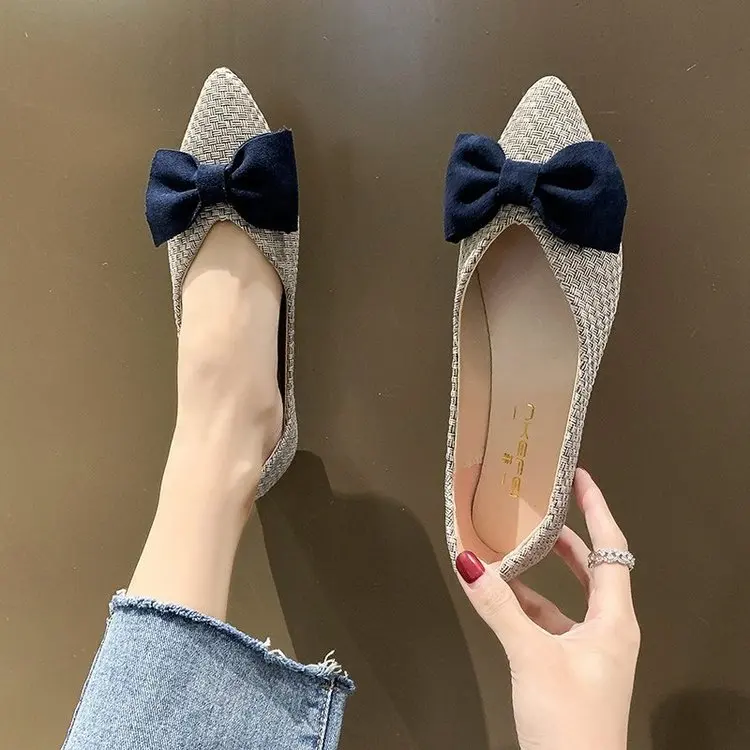 

2021 Spring New Bow-knot Pointed Flat Shoes Women's Wedding Shoes Flocking Leather Big Bow Solid Color 35-40