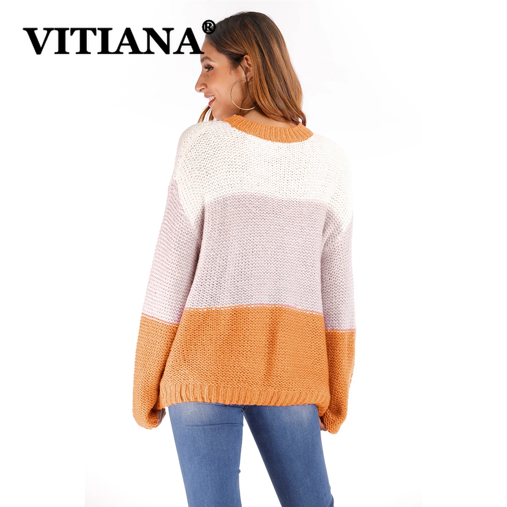 VITIANA Повседневный полосатый вязаный свитер для женщин 2019 осенние пуловеры с