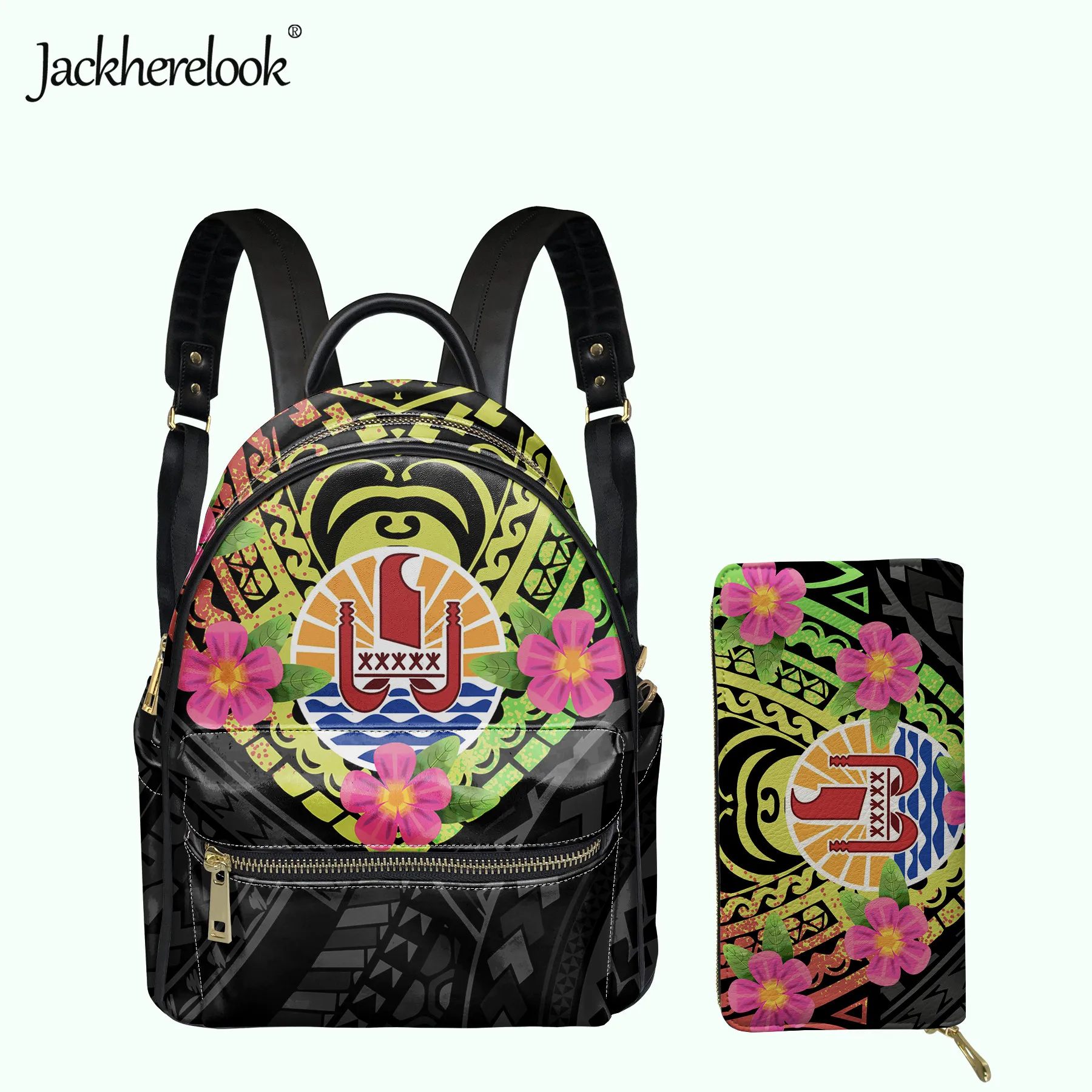 

Jackherelook Tahiti Hibiscus Polynesian Pattern Backpack for Women Wallet PU Leather Mini Schoolbag for Girls Satchel Mochila