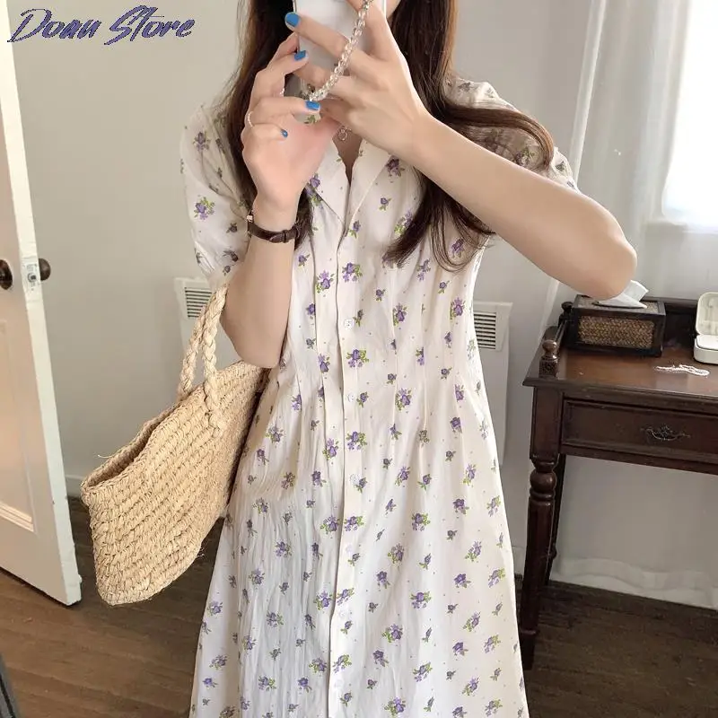 

2021 Lavender Floral Print French Vintage Midi Dress Turn-Down Collar Single-breasted Loose Dresses Sweet Korean Style Robe
