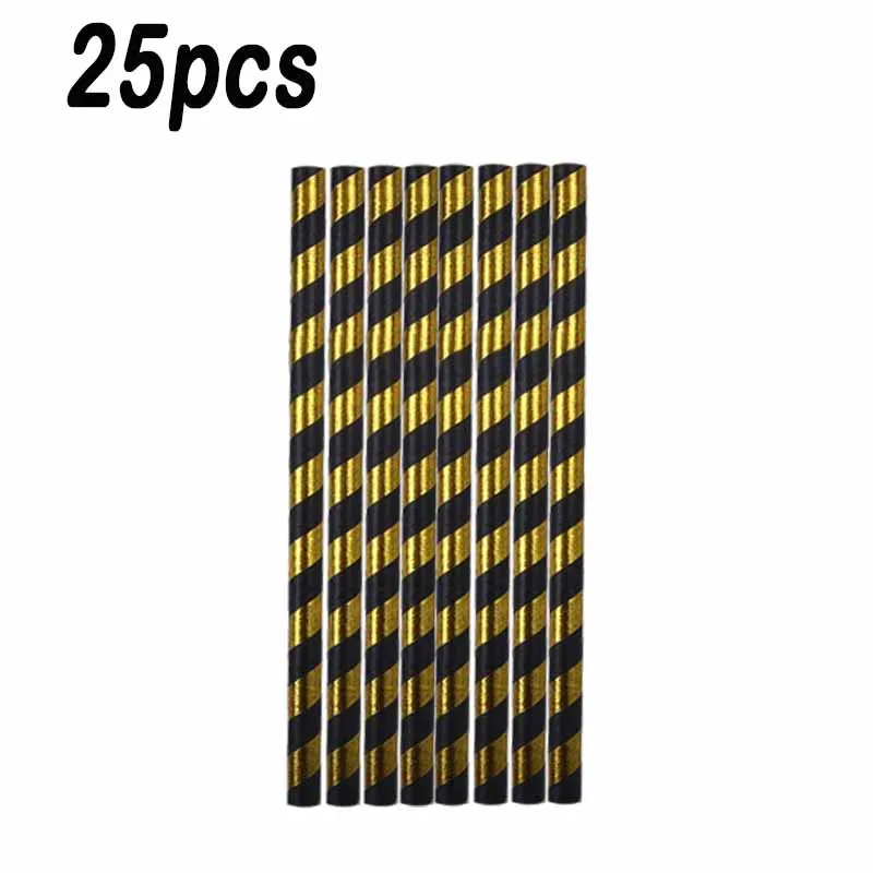 Paper Straw 25pcs Черные тарелки, салфетки для стаканчиков, соломинки, Свадебные Декорации для взрослых, юбилей, дней рождения, вечеринок, одноразовые столовые приборы в Золотой горошек - Цвет: Paper Straw 25pcs