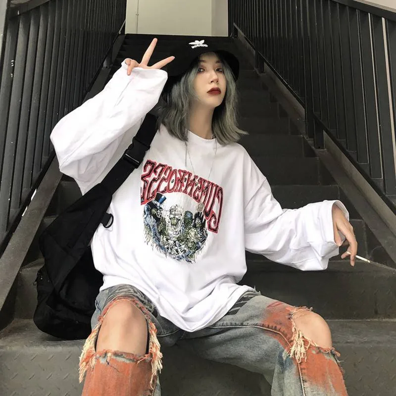 

New Japan Version Cool Dragon Print T Shirts Harajuku Black Hip Hop T-shirts Men Women Spring Long Sleeve Patchwork Loose TShirt