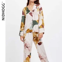 new satin floral printing pajama set fashion long sleeve pijamas women v neck loungewear set 2 piece home clothes sleepwear 2020