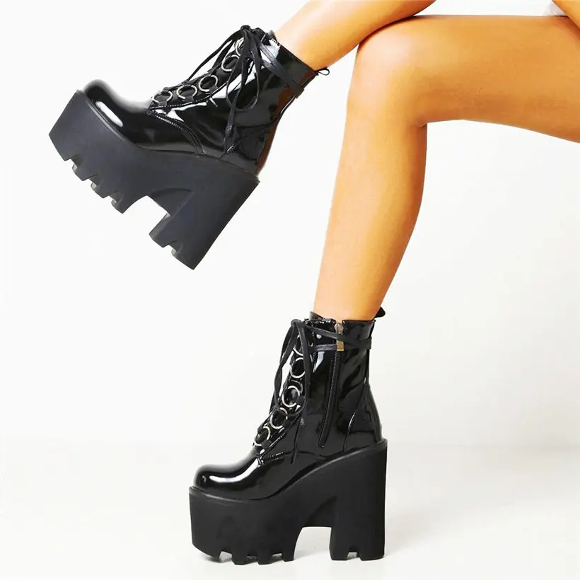 Online Sepatu Bot Hak Tinggi Ujung Bundar Kulit Paten Wanita Pompa Platform Sepatu Creepers Gesper Berenda EUR35-43