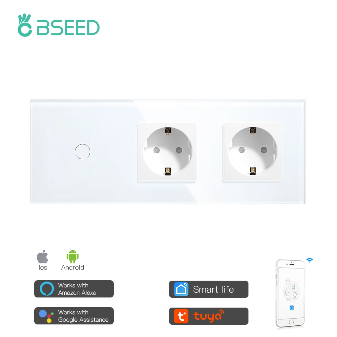 

BSEED Double Normal EU Sockets 1 Gang Smart Wifi Switch With White Black Gloden Crystal Glass Panel Control By Alexa Google Tuya