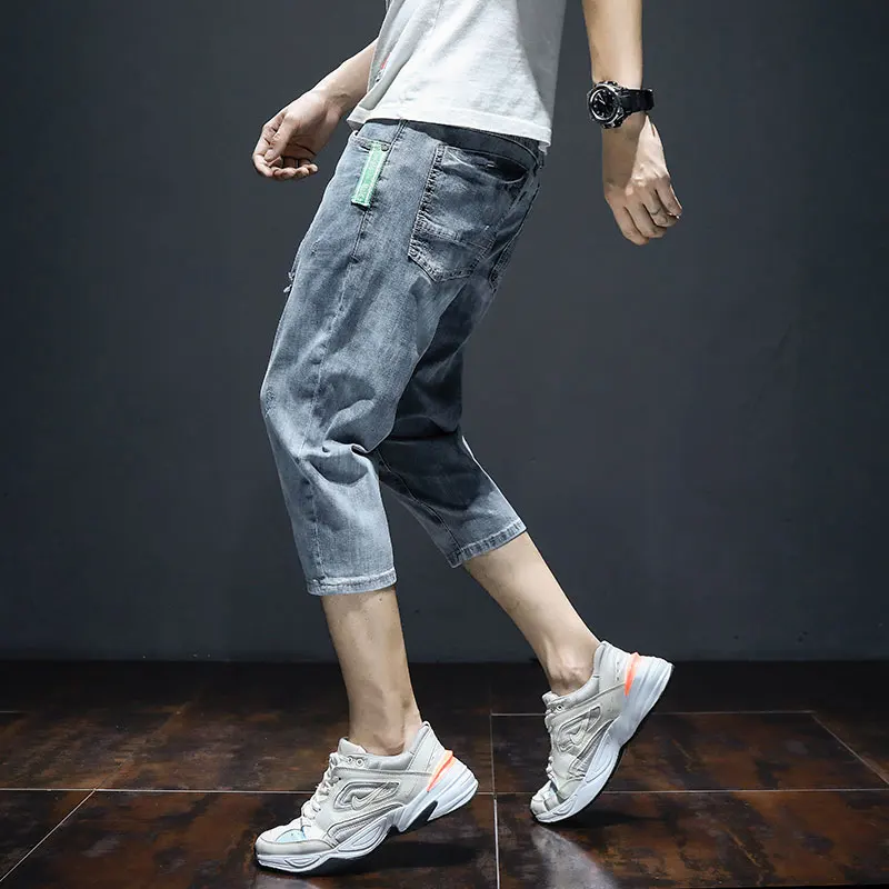 Korean Style Men Baggy Ripped Jeans Man Blue Straight Stretch Jean Calf-Length Pants Fashion Summer Distressed Short Denim