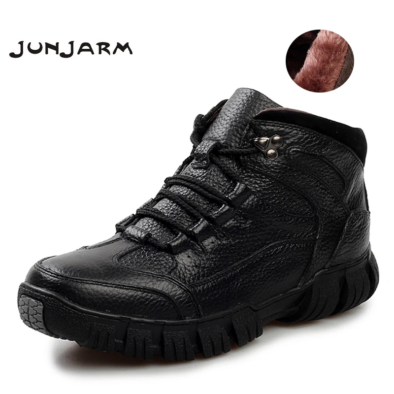 JUNJARM очень теплые зимние мужские ботинки из натуральной кожи Мужская зимняя