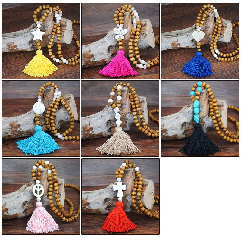 Разноцветное винтажный этнический богемный ожерелье с кисточками и деревянной