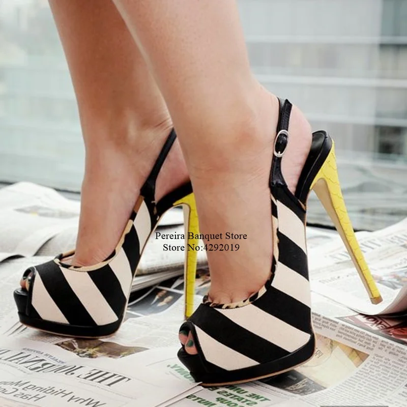 

Sexy Yellow Heels Zebra Stripe Pattern Slingback Pumps 14cm Peep Toe High Platform Wedding Dress Shoes Cut-out Banquet Pumps