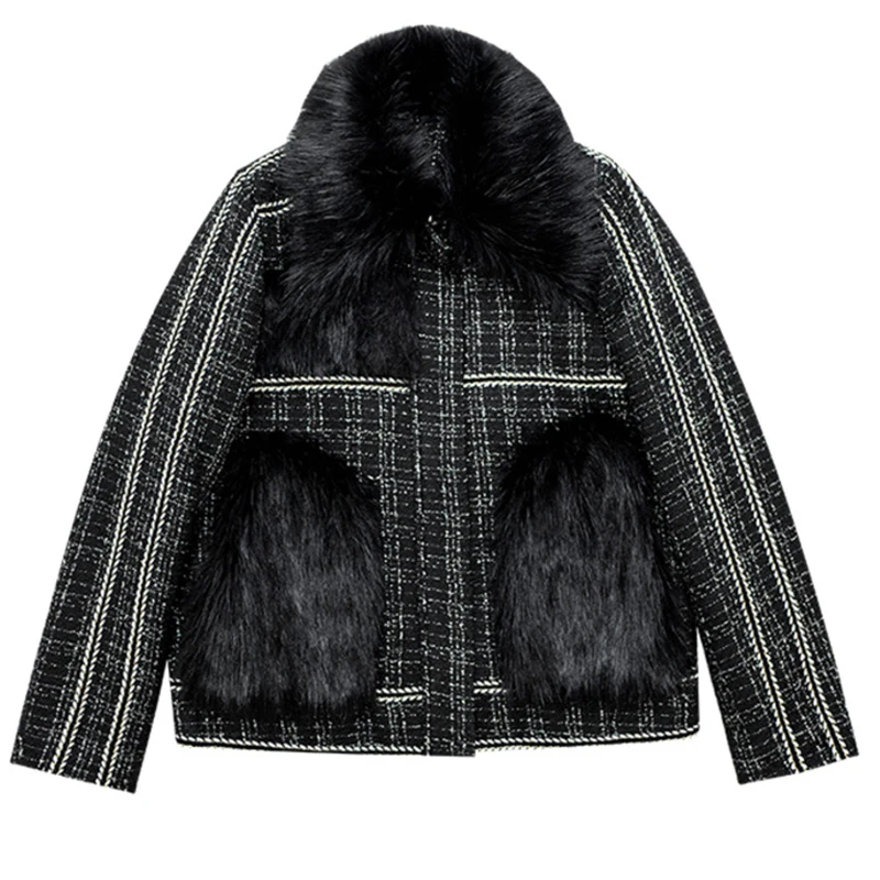 

Loose Fit Black Tweed Spliced Fur Woolen Coat Parkas New Long Sleeve Women Fashion Tide Autumn Winter 2021 AF661