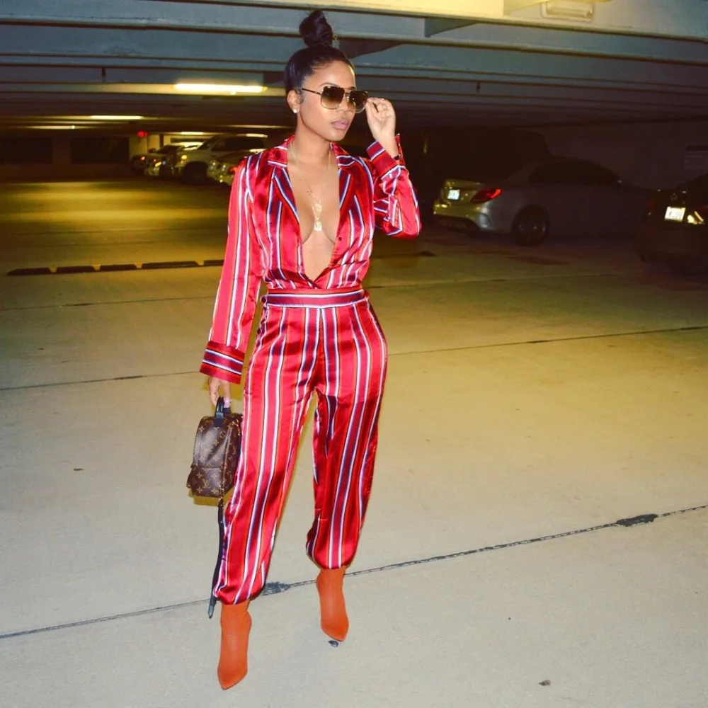 

Fashion Style Deep V Neck Rompers Women Jumpsuit Striped Loose Women Overalls Body Femme S3236