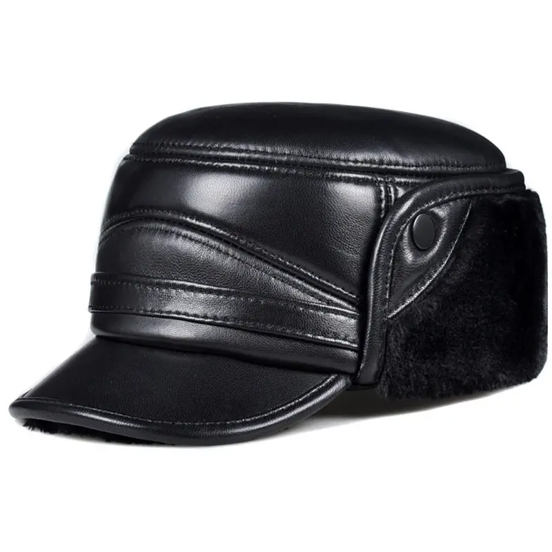 

Winter High Quality Genuine Leather Hats Cowhide Keep Warm Earmuffs Bomber Caps Plus Velvet Thicken Man Bone Caps Dad Hat
