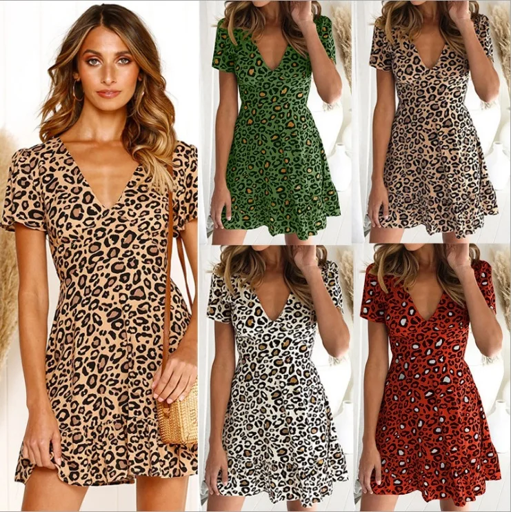 

2021 summer new sexy V-neck high waist short-sleeved leopard print dress women