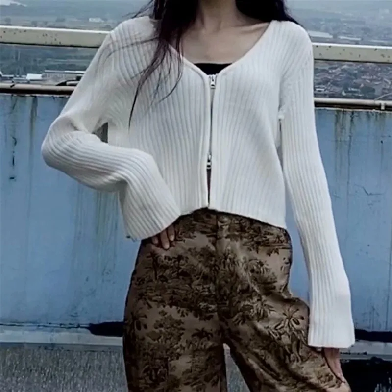 

TMODA209 Za Casual Sweaters Cardigan Female Spring Autumn Wild White Tops Women V-neck Double Zipper Full Sleeve Solid Cardigan