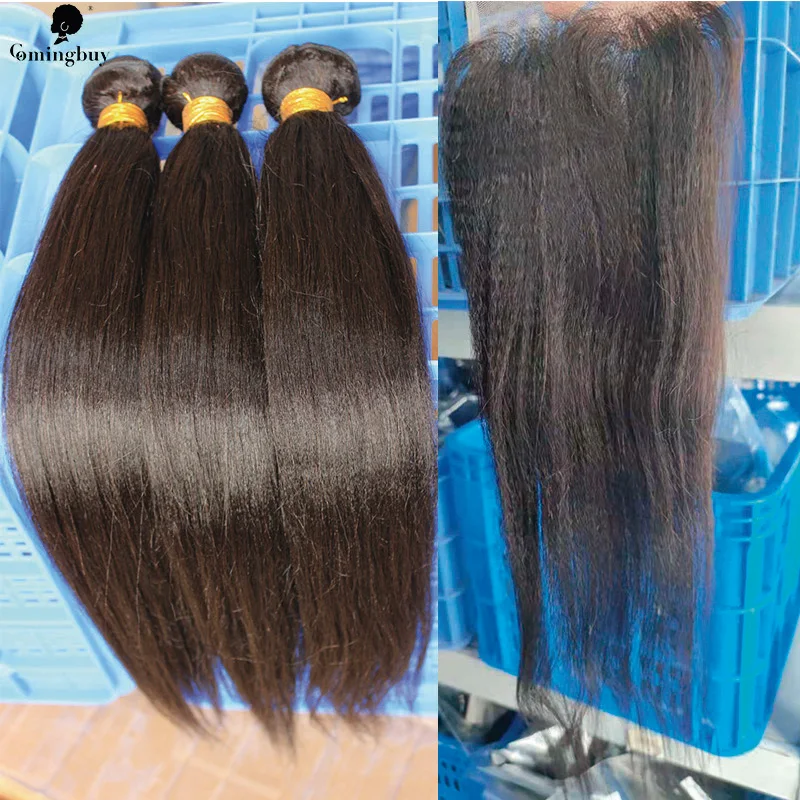 Light Yaki Straight Human Hair Bundles With Closure Brazilian Raw Virgin Hair Weave Kinky Hair Extensions Comingbuy