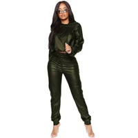 2020 women pu leather two piece set top and pants streetwear hooded casual tracksuit matching sets spring autumn 2 piece outfits
