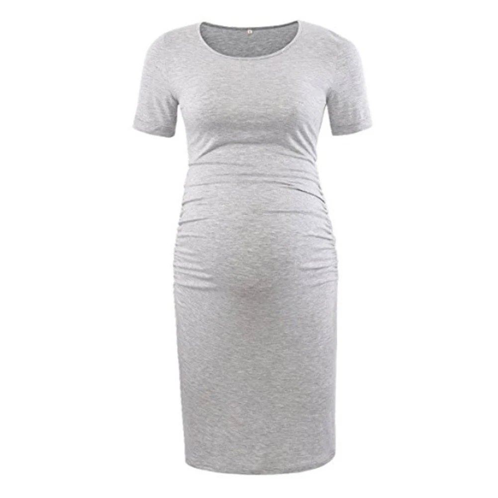 Для женщин однотонные до колена облегающий короткий рукав гофрированная летние