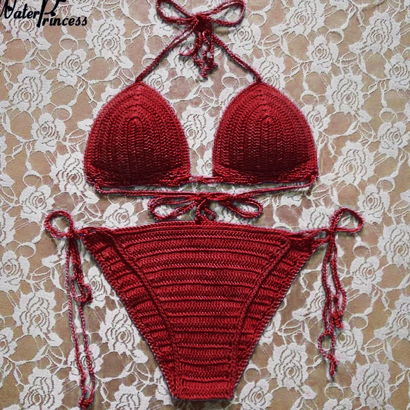 

Black Handmade Crochet Bikini Set Sexy Women Swimwear Low Waist knitted swimsuit cotton Ladies Padded Bra Up Beach Bathing Suit
