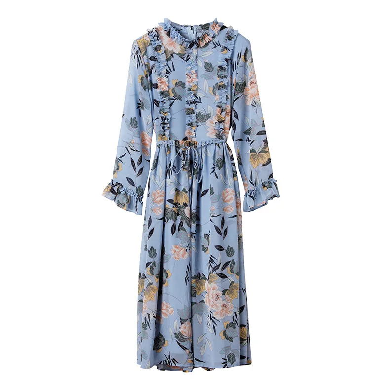 

Female Chiffon Blue Color Dress Summer 2021 New Ladies Wood Ears Long Dresses Waist Thin Belly Skirt Mid-length Printed skirts