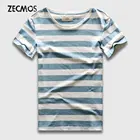 Мужская полосатая футболка Zecmos, модная облегающая футболка с круглым вырезом и короткими рукавами, синяя футболка в полоску
