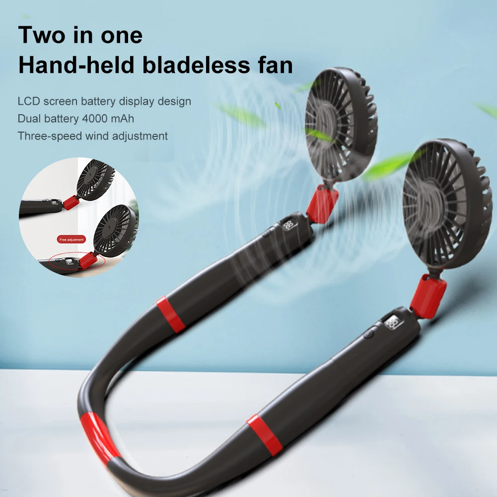 

2in1 Handheld Neck Air Conditioner Fan USB Charging Detachable Quiet 3 Speeds Mini Neck Hanging Fan with Battery Digital Display