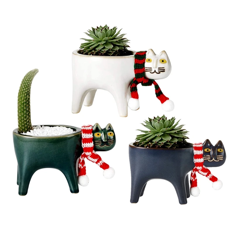 

Cartoon Cat Flowerpot Succulent Planter with Drainage Ceramic Plant Flower Pot Garden Cactus Plants Potted Vase