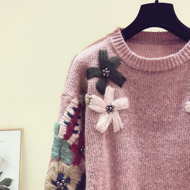 Женский вязаный свитер MUMUZI свободный винтажный с цветочной вышивкой зимний 2020 |