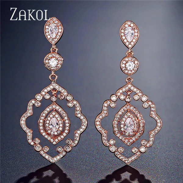ZAKOL новые винтажные большие блестящие серьги-капли с фианитами для женщин, роскошные свадебные украшения, большие серьги FSEP2217 - Окраска металла: Rose Gold Color
