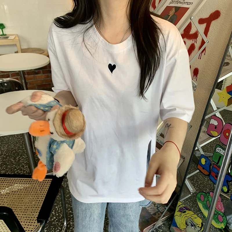

XZ173 The new version of loose and simple split ends Western style age-reducing mid-length round neck short-sleeved T-shirt