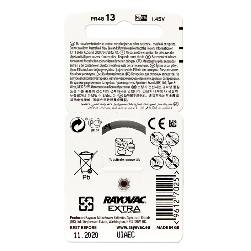 Батареи слухового аппарата 60 шт./1 коробка RAYOVAC EXTRA-A13/PR48/S13 цинк воздушный аккумулятор 1,45 в Размер 13 диаметр 7,9 мм толщина 5,4 мм