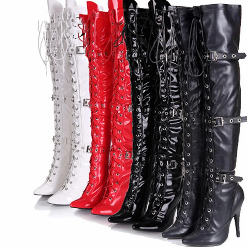 Женские сапоги выше колена на шпильке 12 см с острым носком|Ботфорты| |