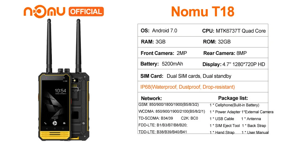 Nomu T18 IP68 портативная рация Водонепроницаемый 4G LTE мобильный телефон 4," MTK6737T четырехъядерный Android 7,0 3 ГБ+ 32 ГБ 5200 мАч NFC Смартфон